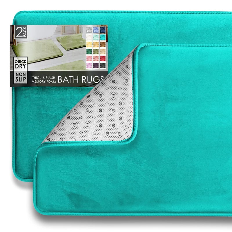 Clara Clark 2 Piece Bathroom Rugs Bath Mat Set, Velvet Memory Foam Bath Mats for Bathroom - Non-Slip, PVC Backing Bath Rugs, Washable - Dries Quickly, Teal - Image 1